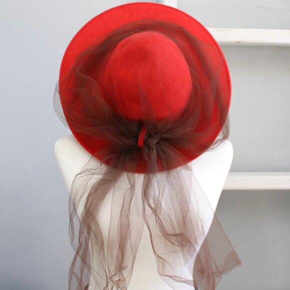 Frank Olive Marshall Field & CO VTG Red Wide Brim Wool Hat with Brown Mesh Veil - Picture 5 of 7